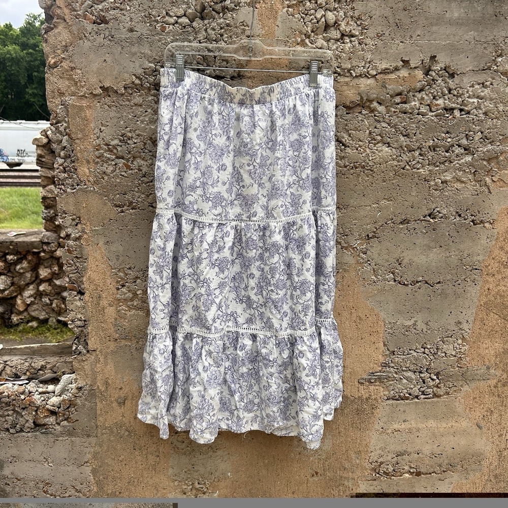 Womens Tiered Cottage Linen Maxi Skirt XL Blue Floral Prairie Garden Boho - Picture 4 of 7